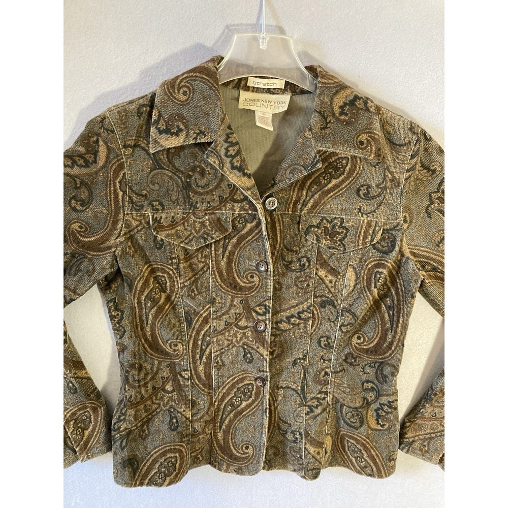 Jones New York Country Corduroy Jacket Sz 6 Brown Paisley Stretch Trucker Coat - Picture 9 of 9